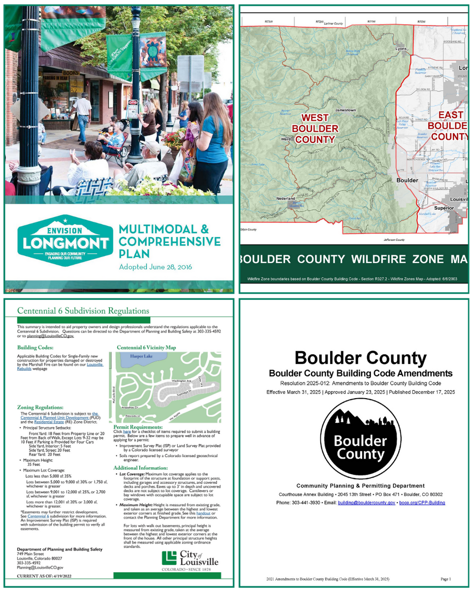 Collage of four planning documents related to Boulder County hazard mitigation, including the Envision Longmont comprehensive plan, a Boulder County wildfire map, Louisville subdivision regulations, and the Boulder County building code amendments cover.